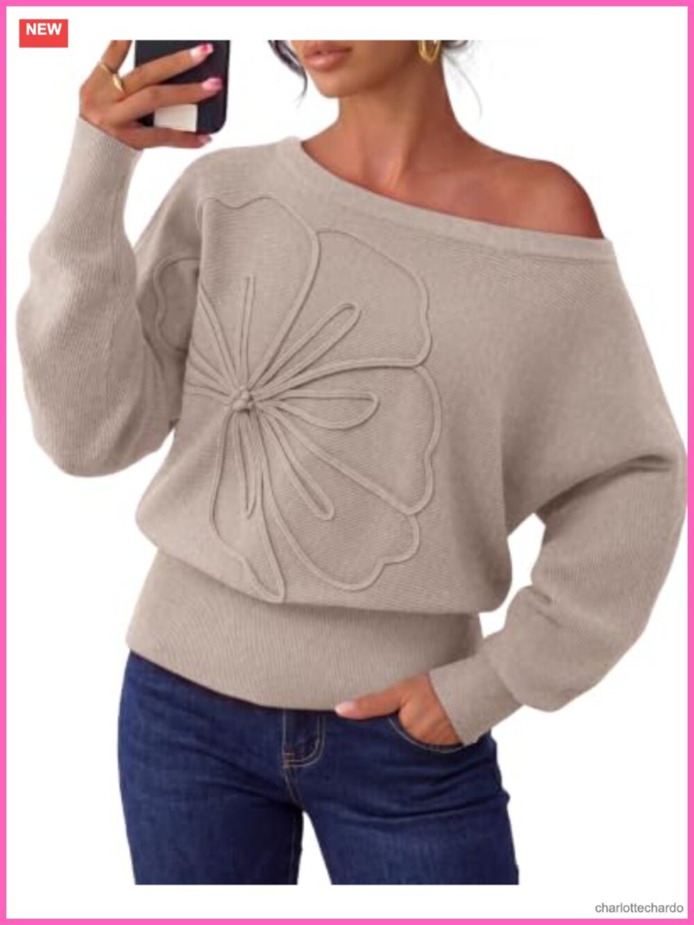 Women's Knit 3D Floral Pullover Sweater Fall Trendy Long Sleeve Crew Neck